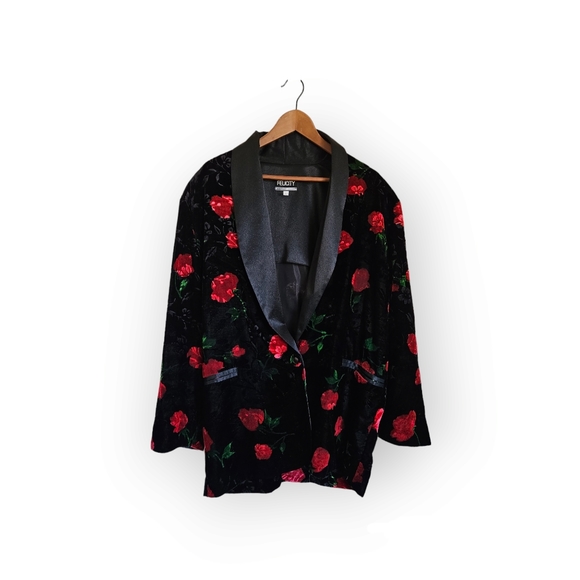 Felicity Barbara Lesser Blazer Black Velvet Rose Print Size L Vintage - Picture 3 of 9